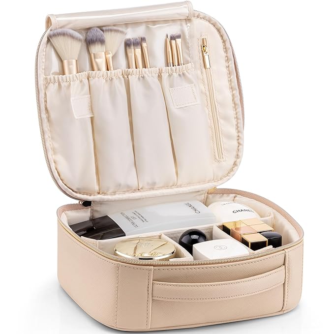 Vlando Travel Makeup Bag, Large Capacity Cosmetic Bag for Women PU Leather Makeup Case Organizer Portable Make up Bag with Dividers and Handle for Girls,Wedding,Makeup Brushes Milk Tea
