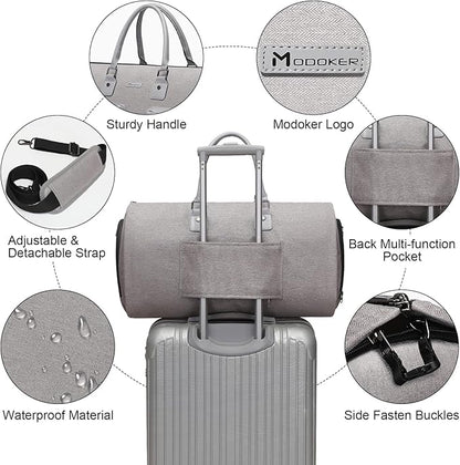 Convertible Garment Bag with Toiletry Bag, Modoker Carry on Garment Duffel Bag for Men Women - 2 in 1 Hanging Suitcase Suit Travel Bags, Light Grey