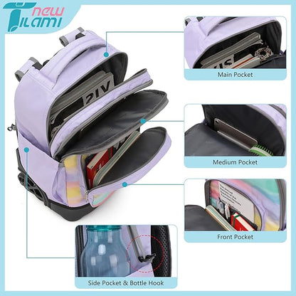 NEW TILAMI 18 Inch Rolling Backpack with Wheels for Girls Boys Kids Laptop Backpack School Travel, Pink Mood Map
