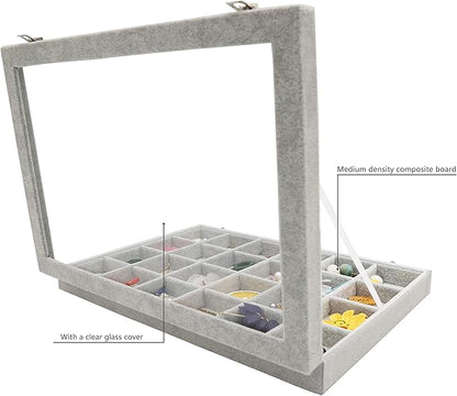 Stratalife Velvet Jewelry Organizer 24 Grid Jewelry Tray with Clear Glass Lid Display Showcase Storage Organizer Box for Earring Necklace Rings Dice Gray (24 Grids)