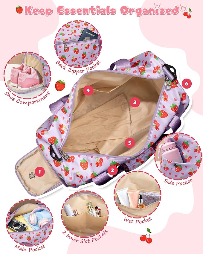 Dance Recital Gifts for Girls, Preppy Dance Bag with Makeup Pouch, Initial Duffle Bag for Kids, 3 4 5 6 7 8 9 10 11 12 13 Year Old Girl Gift Idea, Weekend Overnight Bags with Shoe Compartment