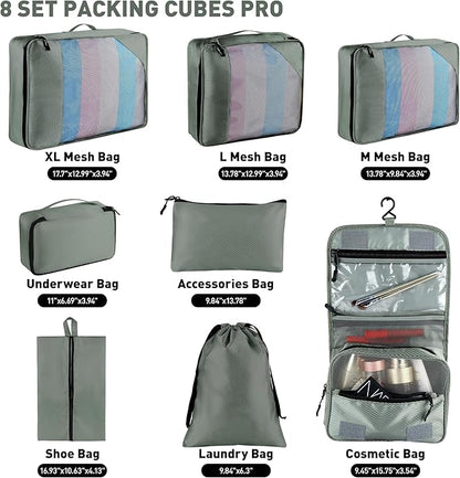 8-Piece Packing Cubes for Travel, Mesh Luggage Organizers with Shoe Bag, Toiletry Bag, Laundry Pouches, 4 Sizes (XL/L/M/S) for Suitcase Organization, Men Women Kids, Avocado Green