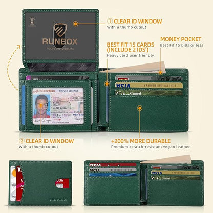 RUNBOX Wallet for Men Slim Rfid Leather 2 ID Window With Gift Box