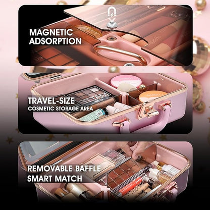 Travel Makeup Case with LED Lighted Mirror 12 Inch Portable Makeup Box Organizer Adjustable Brightness in 3 Colors Cosmetic Storage Case with Dividers Hard Aluminum Shell Vanity Box Pink