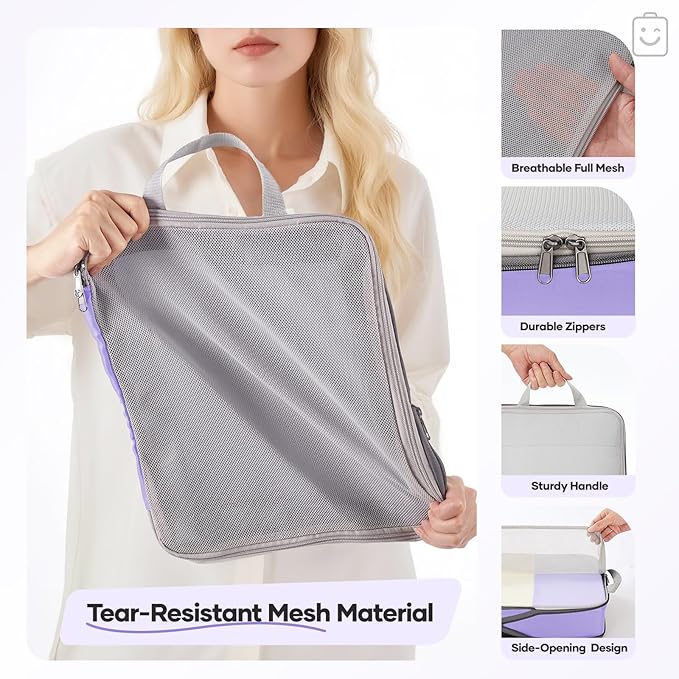 Veken 11 Set Compression Packing Cubes for Travel Essentials,Compressible Expandable Large Luggage Suitcase Organizer Bags for Clothing,Durable Space Saver Storage Bags(Light Purple)