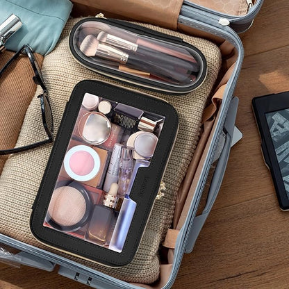 Travel Clear Makeup Bag with Makeup Brush Bag, Leather Makeup Case Toiletry Bag, Portable Cosmetic Bag Case, Transparent Waterproof Cosmetic Organizer Storage Bag for Women, Black