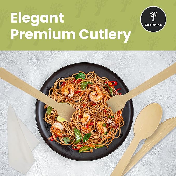 Bamboo Cutlery Set 200 PCS | 50 Packs of Pre Rolled Utensils with Napkins | Eco Friendly Disposable Cutlery for Weddings, Parties, Camping & Events | Each Pack Includes Fork, Knife & Spoon