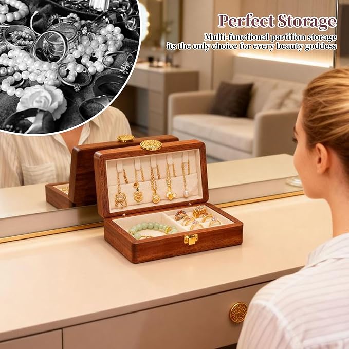 Travel Jewelry Case Small Wood Jewelry Organizer Jewelry Box for Women (Nut-Brown Print B)