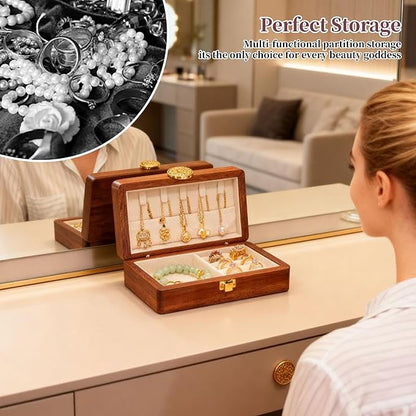 Travel Jewelry Case Small Wood Jewelry Organizer Jewelry Box for Women (Nut-Brown Print B)