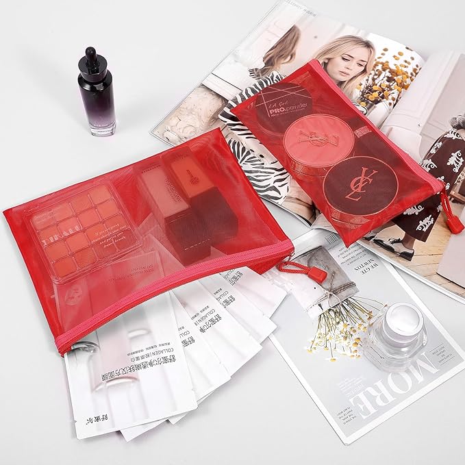 12 Pieces Zipper Nylon Mesh Pouch, Mesh Cosmetic Bags Makeup Bags Pencil Case, Multipurpose Travel Bags for Cosmetic School Office Supplies and Travel Accessories (Red, A5+B6)