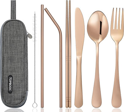 Portable Stainless Steel Flatware Set, Travel Camping Cutlery Set, Portable Utensil Travel Silverware Dinnerware Set with a Waterproof Case (Rose God)