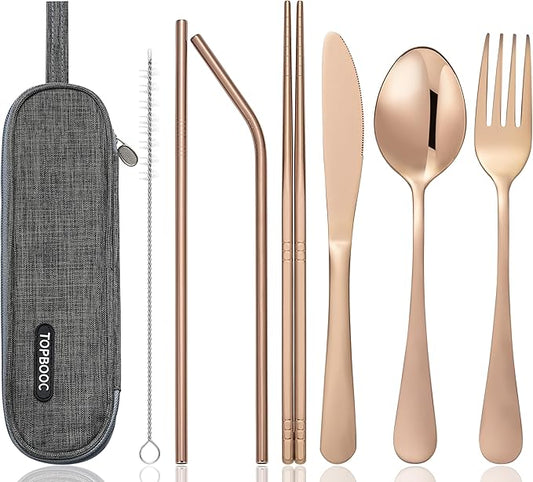 Portable Stainless Steel Flatware Set, Travel Camping Cutlery Set, Portable Utensil Travel Silverware Dinnerware Set with a Waterproof Case (Rose God)