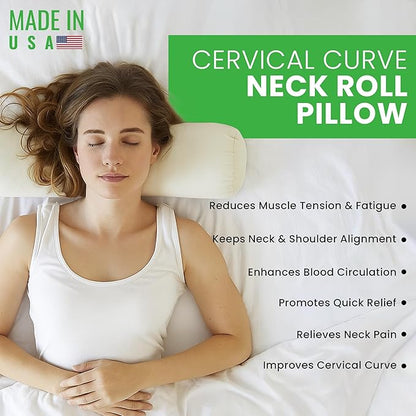 Organic Cotton Neck Roll Pillow with Pillowcase – Organic Buckwheat Filled Soft Neck Pillow with Breathable and Durable Fabric Washable Protector – Supportive for Deep Sleep – Made in USA, 4" x 12"