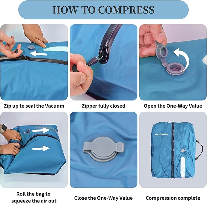 Vacuum Bags for Travel, Professional IP67 Reusable Vacuum Compression Bags for Travel Suitcases and Backpack, Durable Space Saver Bag (Blue,No Pump)