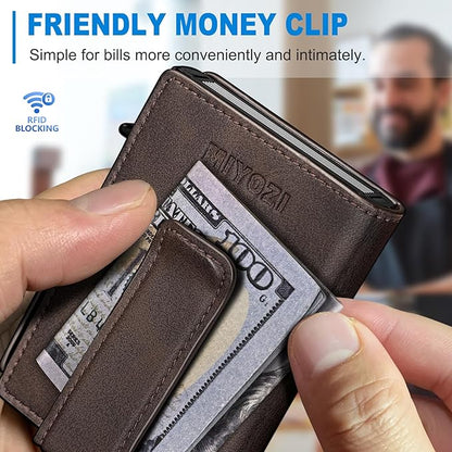 Men Wallet,with Money Clip Coins Pocket ID Window,Slim Front Pocket RFID Blocking Pop-up Card Holder 3.9"x 2.7", Gift Boxed