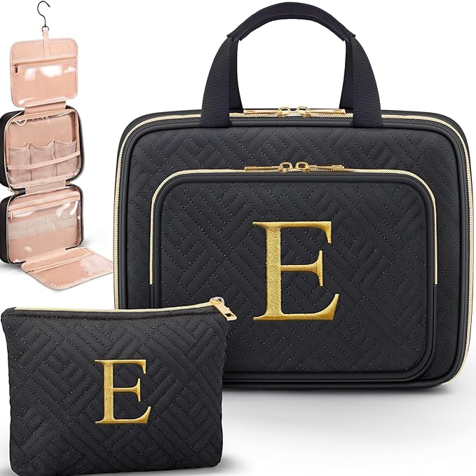 Gifts for Women, Initial Toiletry Makeup Bag Hanging Cosmetic Organizer with Embroidery Letter Personalized Nurse Teacher Appreciation Gift Birthday Christmas Gifts for Mom Sister Wife Friend Auntie