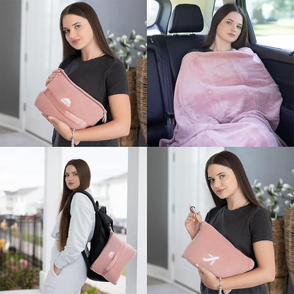 BlueHills Premium Soft Travel Blanket Pillow Compact Mini Airplane Blanket with Portable Pillowcase Long Flights - Dusty Rose Pink M02