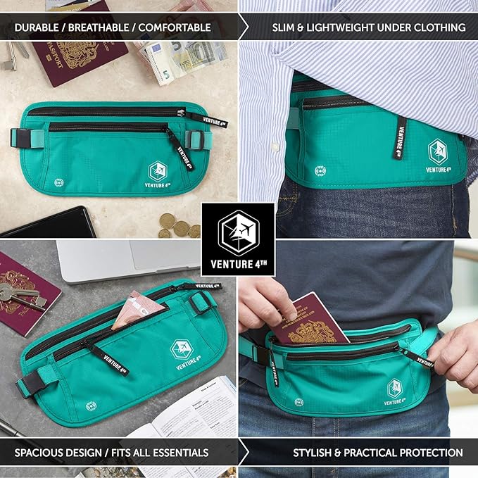 VENTURE 4TH Travel Money Belt - Slim Passport Holder RFID Blocking Travel Pouch to Protect Cash, Credit Cards and Travel Documents (Turquoise)