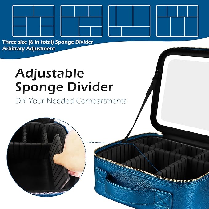 MOMIRA Travel Makeup Bag Cosmetic Bag Makeup Organizer Bag with Lighted Mirror, Adjustable Brightness in 3 Color Scenarios, Waterproof Makeup Train Case, Gift for Women - Phantom Blue