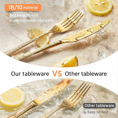 KINGSTONE Gold Hammered Silverware Set, Flatware Set with Serving Utensils, 18/10 Stainless Steel Premium Cutlery with Unique Ripple Handles Design Mirror Polished - Dishwasher Safe (65-Piece)