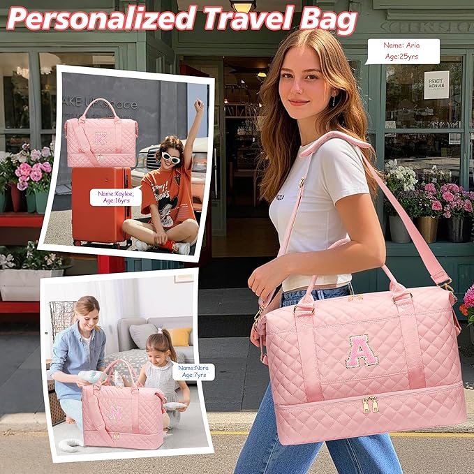 Gifts for Women Girls Initial Travel Duffle Bag Quilted Weekender Carry-On Overnight with Cosmetic Bag, Gym Bag with Shoe Compartment, Pink M