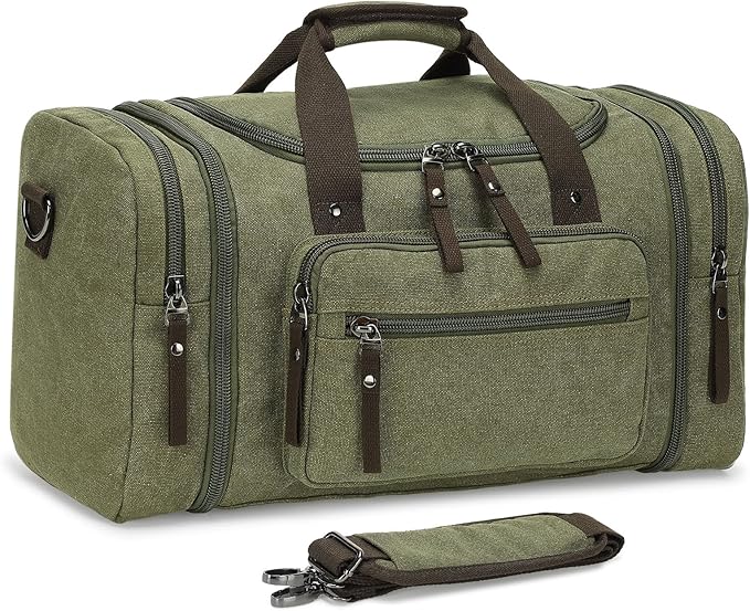 Expandable Canvas Duffel 50cm-58cm, Sturdy Zipper and Reinforced Handles, Lightweight Carry-On Weekender Bag for 3-5 Day Trips, Green