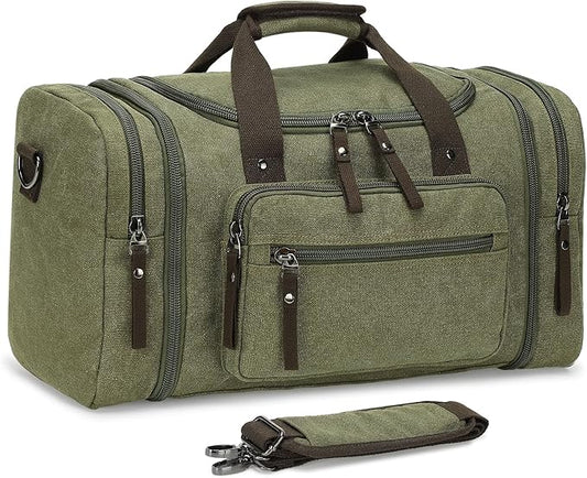 Expandable Canvas Duffel 50cm-58cm, Sturdy Zipper and Reinforced Handles, Lightweight Carry-On Weekender Bag for 3-5 Day Trips, Green