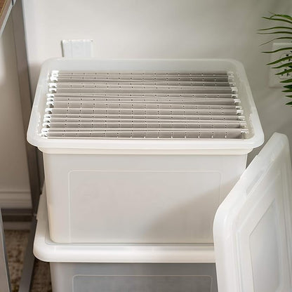 IRIS USA File Box, Plastic File Organizer with Lids for Letter/Legal File, Portable Document Box For Moving, Storage Bin with Durable and Secure Lid, Stackable Nestable BPA-Free, Pearl 35 Qt. 4 Pack