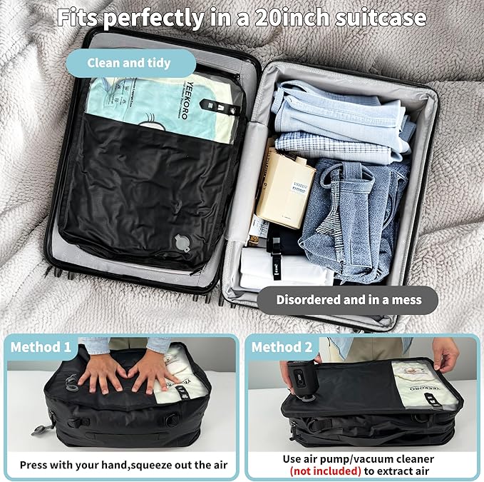 Compression Packing Cubes for Travel, Vacuum Bags for Business Trip, Professional IP67 Reusable Packing Cubes for 20 inch Suitcases, Organizer Bags for Luggage for Women & Men(2 PACK, No Pump)
