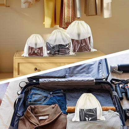 16 PCS Purse Dust Bags for Handbags Dustproof Drawstring Storage Bag with Clear Window, Non Woven Fabric Travel Shoe Storage Bag Beige Dust Cover Fabric Handbag Pouch Covers with Assorted Sizes