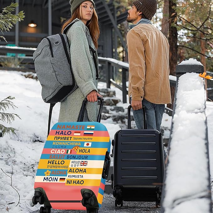 ANNA QUEEN Funny Multilingual Greetings Luggage Cover, Suitcase Protector with Hello in 15+ Languages, Stretchable, Washable Travel Cover for 32-34 Inch Luggage