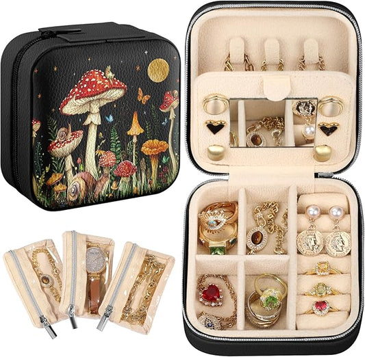 Bistup Travel Jewelry Case - Small Jewelry Organizers and Storage Box for Women Girls Teens Cute Traveling Jewelry Holder with Mirror Little Tiny Compact Modern Unique Aesthetic Pretty, Mushroom