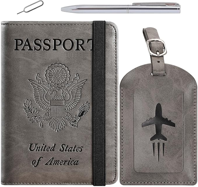Passport Holder With Luggage Tag Travel Essentials Passport Cover Wallet RFID Blocking Leather Case International Must Haves Travel Accessories Women Men(115#Grey)
