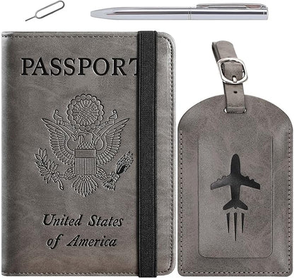 Passport Holder With Luggage Tag Travel Essentials Passport Cover Wallet RFID Blocking Leather Case International Must Haves Travel Accessories Women Men(115#Grey)