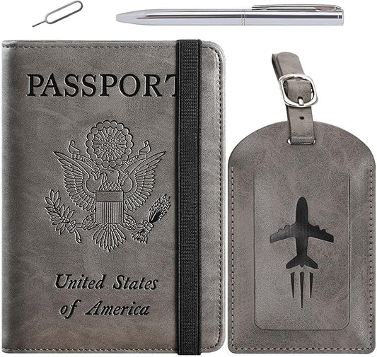 Passport Holder With Luggage Tag Travel Essentials Passport Cover Wallet RFID Blocking Leather Case International Must Haves Travel Accessories Women Men(115#Grey)