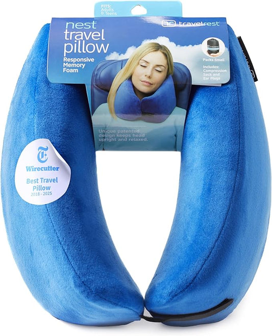 TRAVELREST Nest Neck Pillow Travel Essentials - Memory Foam Pillow and Patented Design, Support for Long Flights, Travel Accessories, Comfortable and Compact, Washable, Attaches to Luggage - Blue