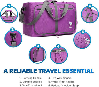 Bago Foldable Duffel Bags for Traveling Women & Men - 40L Sports Packable Duffle Bag for Travel with Shoe Compartment - Water Repellant, Heavy Duty, Lightweight Folding & Collapsible (Purple)