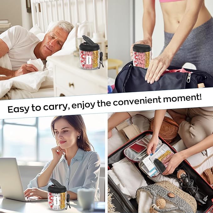 Pill Dispenser with 7 Large Compartments, 4.4" H x 3.6" Dia Pill Organizer for Travel, Supplement Organizer with Anti-Mixing Design, BPA-Free Pill Container with 20 Pcs Labels, Black+ Purple