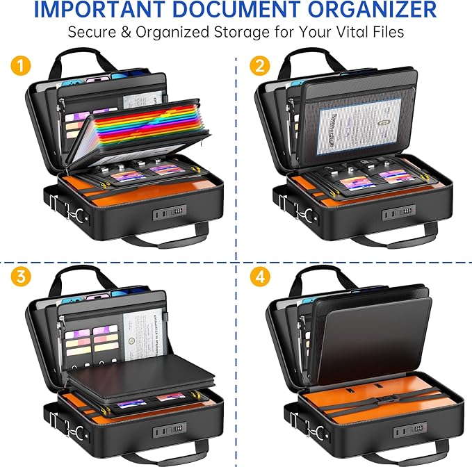 5200℉ Fireproof Document Box with lock, Hard-Shell Case File Organizer with 24 Pocket Accordion File Folder, Portable Safe Box with Shoulder Strap for Home Important Documents Laptop Black