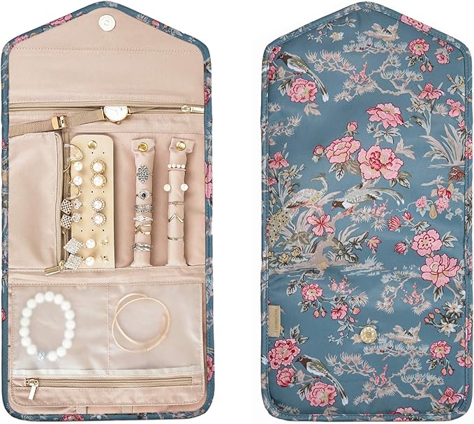BAGSMART Travel Jewellery Organiser Roll Foldable Jewelry Case for Journey-Rings, Necklaces, Bracelets, Earrings, Flower Bird