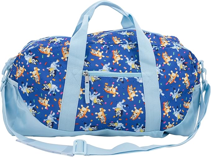 Bluey Duffle Bag, 16” Travel Sleepover Bag for Girls & Boys, Kids Weekender Bag, Blue