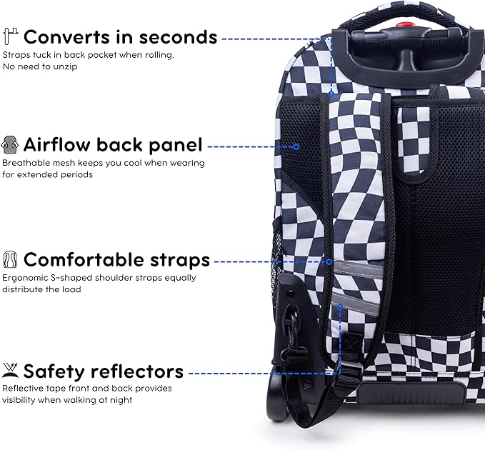J World Sundance Laptop Rolling Backpack for Girls Boys. Roller Bookbag with Wheels, Wavy Checkers