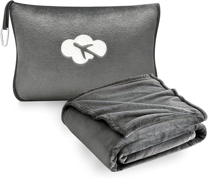 Travel Blanket and Pillow Compact, Premium Soft 2 in 1 Airplane Blanket with Soft Bag Pillowcase，Hand Luggage Sleeve and Backpack Clip (Solid Grey)