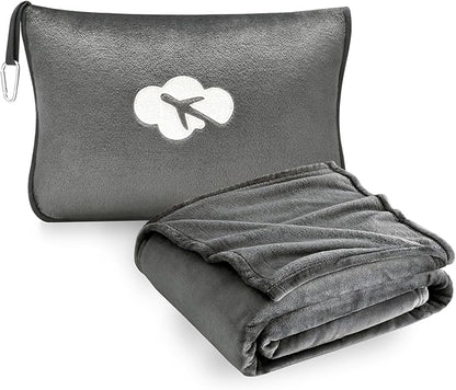 Travel Blanket and Pillow Compact, Premium Soft 2 in 1 Airplane Blanket with Soft Bag Pillowcase，Hand Luggage Sleeve and Backpack Clip (Solid Grey)