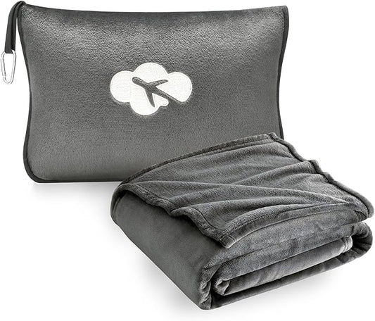Travel Blanket and Pillow Compact, Premium Soft 2 in 1 Airplane Blanket with Soft Bag Pillowcase，Hand Luggage Sleeve and Backpack Clip (Solid Grey)