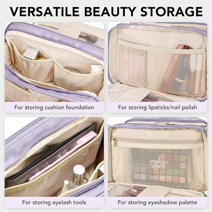 Travel Makeup Bag Women's Large Capacity Cosmetic Portable Organizer Large Opening Waterproof Storage Toiletry Bags Vertical Free-Standing Brush Holder for Easy Access Purple