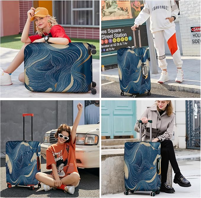 ANNA QUEEN Ocean Wave Luggage Cover, Elegant Blue Flow Line Design Suitcase Protector, Washable Stretchable Travel Sleeve for 20-22 Inch Luggage