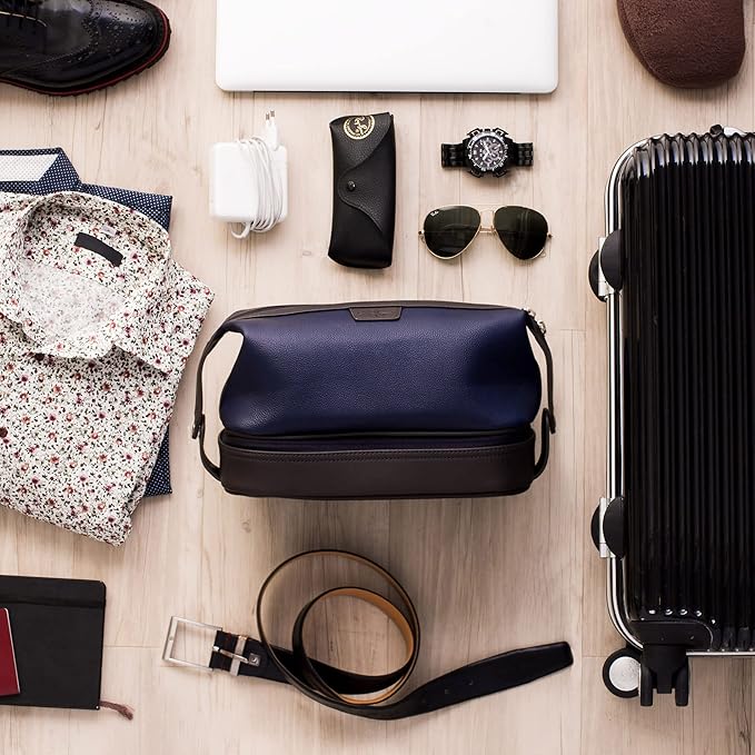 Vetell Leo Large Leather Men's Travel Toiletry and Shaving Case Bag with Upper and Lower Zippered Compartments, 3 Interior Loops and Carrying Handles