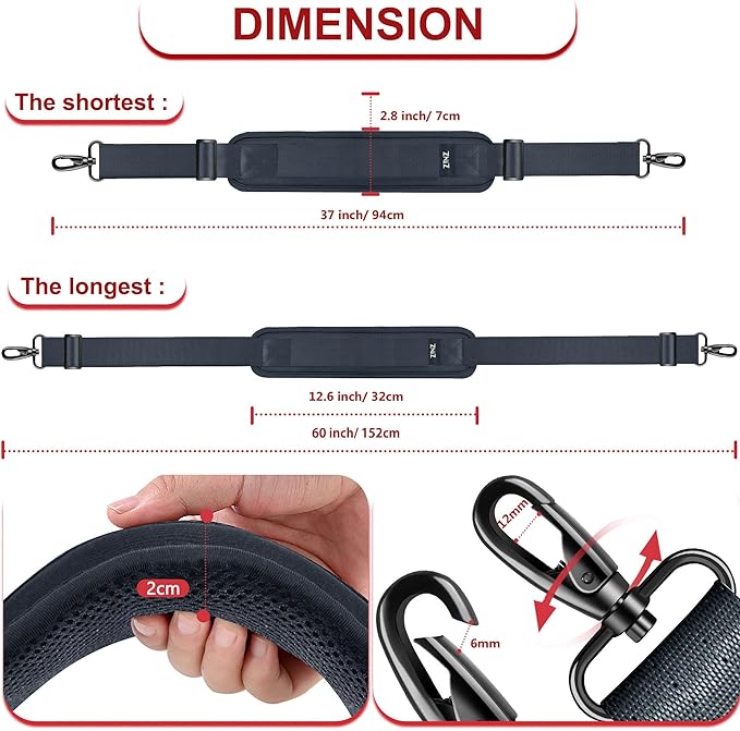 ZINZ 60" Universal Bag Strap with Ultra-thick Fixed Breathable Pad, Adjustable Heavy-duty Shoulder Strap for Laptop, Crossbody, Luggage, Gym, Camera Bag and More - D01G01