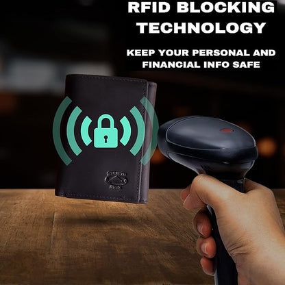 Stealth Mode Trifold Leather Wallet for Men with ID Holder and RFID Blocking (Black)